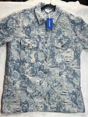 Sixth June Distressed Denim Shirt Jacket Men’s XL Blue Floral NWT MSRP $180